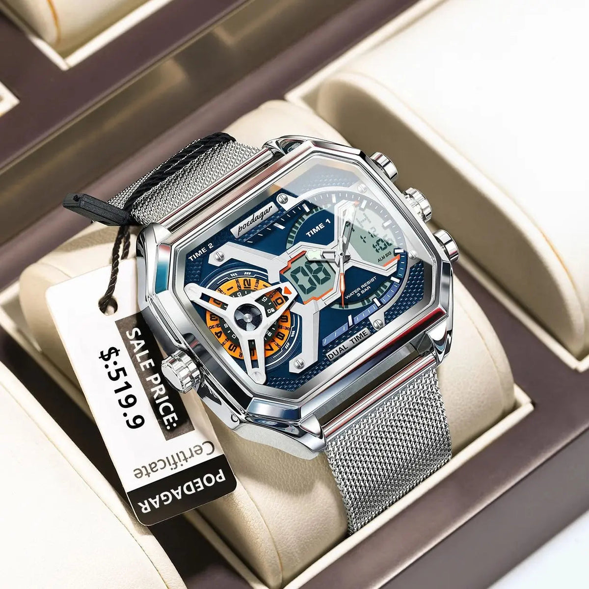 POEDAGAR Top Fashion Men Clock Rectangle Waterproof Date Week LED Man Watch Electronic Mesh Stainless Steel Quartz Men's Watches Good Vibrations