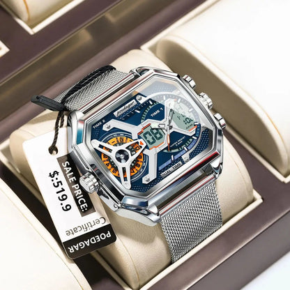 POEDAGAR Top Fashion Men Clock Rectangle Waterproof Date Week LED Man Watch Electronic Mesh Stainless Steel Quartz Men's Watches Good Vibrations