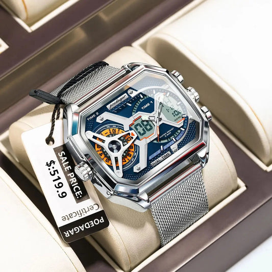 POEDAGAR Top Fashion Men Clock Rectangle Waterproof Date Week LED Man Watch Electronic Mesh Stainless Steel Quartz Men's Watches Good Vibrations