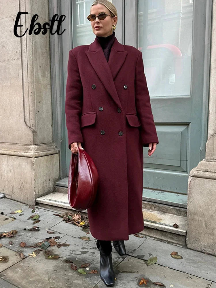 Wine Red Woolen Coats With Scarf Women Elegant Full Sleeve Double Breasted Long Overcoat 2025 Autumn Winter New Lady Streetwear Good Vibrations