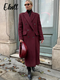 Wine Red Woolen Coats With Scarf Women Elegant Full Sleeve Double Breasted Long Overcoat 2025 Autumn Winter New Lady Streetwear Good Vibrations