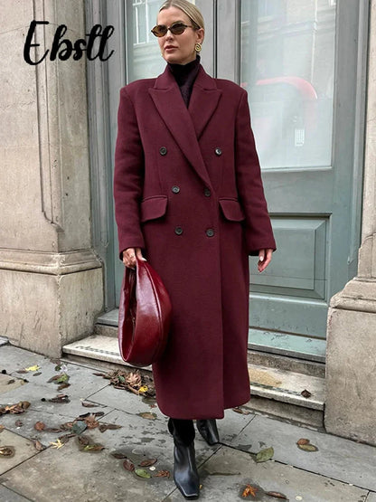 Wine Red Woolen Coats With Scarf Women Elegant Full Sleeve Double Breasted Long Overcoat 2025 Autumn Winter New Lady Streetwear Good Vibrations