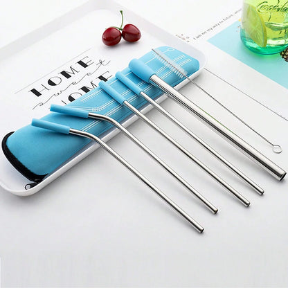 7pcs Eco-Friendly Stainless Steel Straw Set With Silicone Tips, Cleaning Brush & Storage Bag - Reusable Drinking Accessories Good Vibrations
