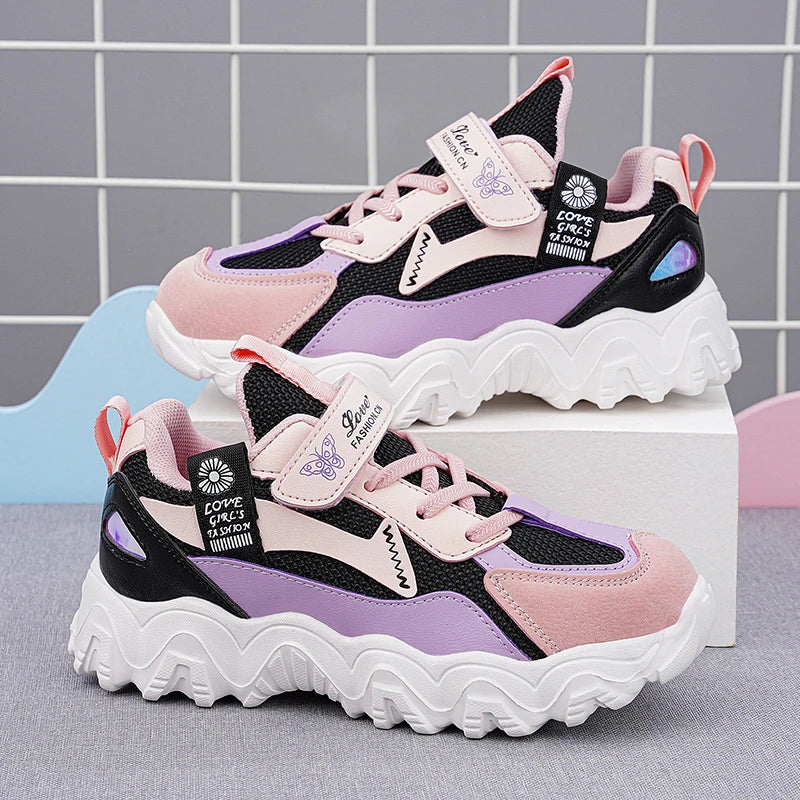 Fashion Children Shoes Girls Sneaker Black Pink PU Leather Platform Casual Sneaker School Tennis Sports Shoes for Girls Good Vibrations