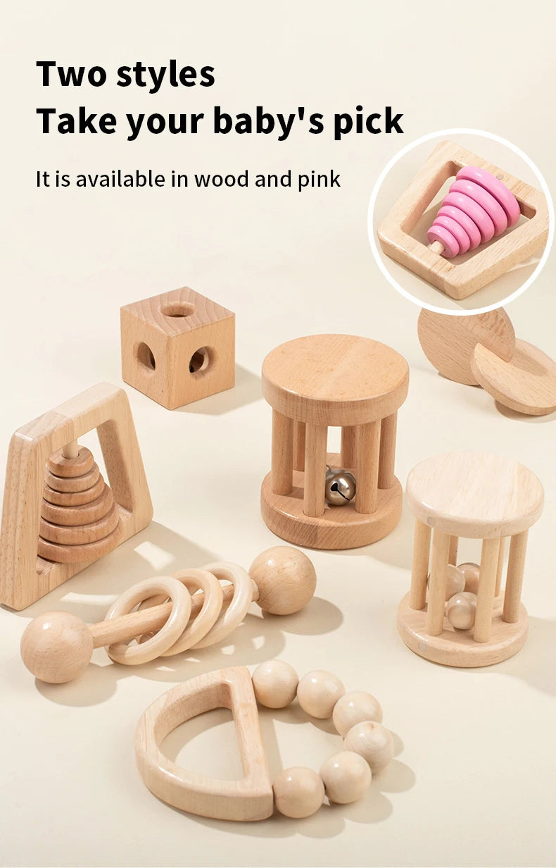 Montessori Wooden Toys Colorful Baby Rattle Set Safe Food Grade Wood Rattle Soother Bracelet Set Toddler Toy Bell Gift Good Vibrations