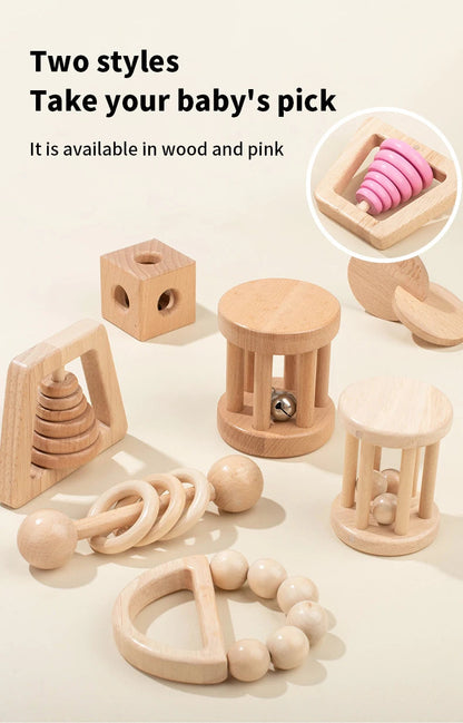Montessori Wooden Toys Colorful Baby Rattle Set Safe Food Grade Wood Rattle Soother Bracelet Set Toddler Toy Bell Gift Good Vibrations