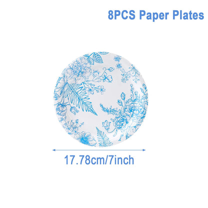 Blue Floral Disposable Tableware Paper Plate Birthday Party Decor Kids Boy Wedding Birthday Party Supplies Favors Baby Shower Good Vibrations