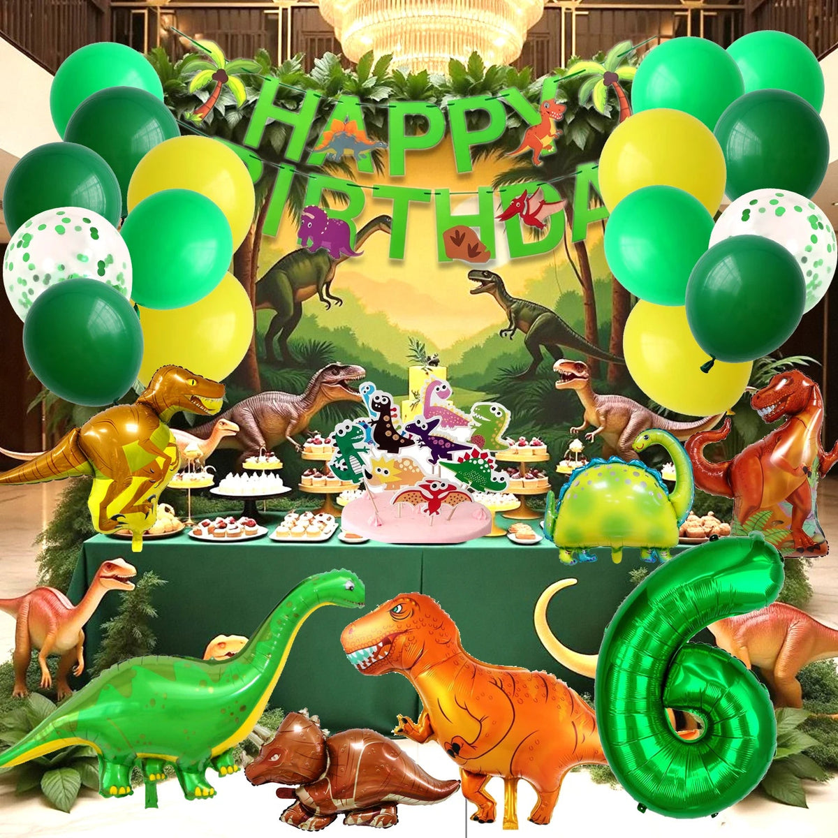 Dinosaur Birthday Party Supplies for Kids Age 2-6, Foil Balloons Set with Banner, Cake Topper, Decorations Kit (Boys & Girls) Good Vibrations