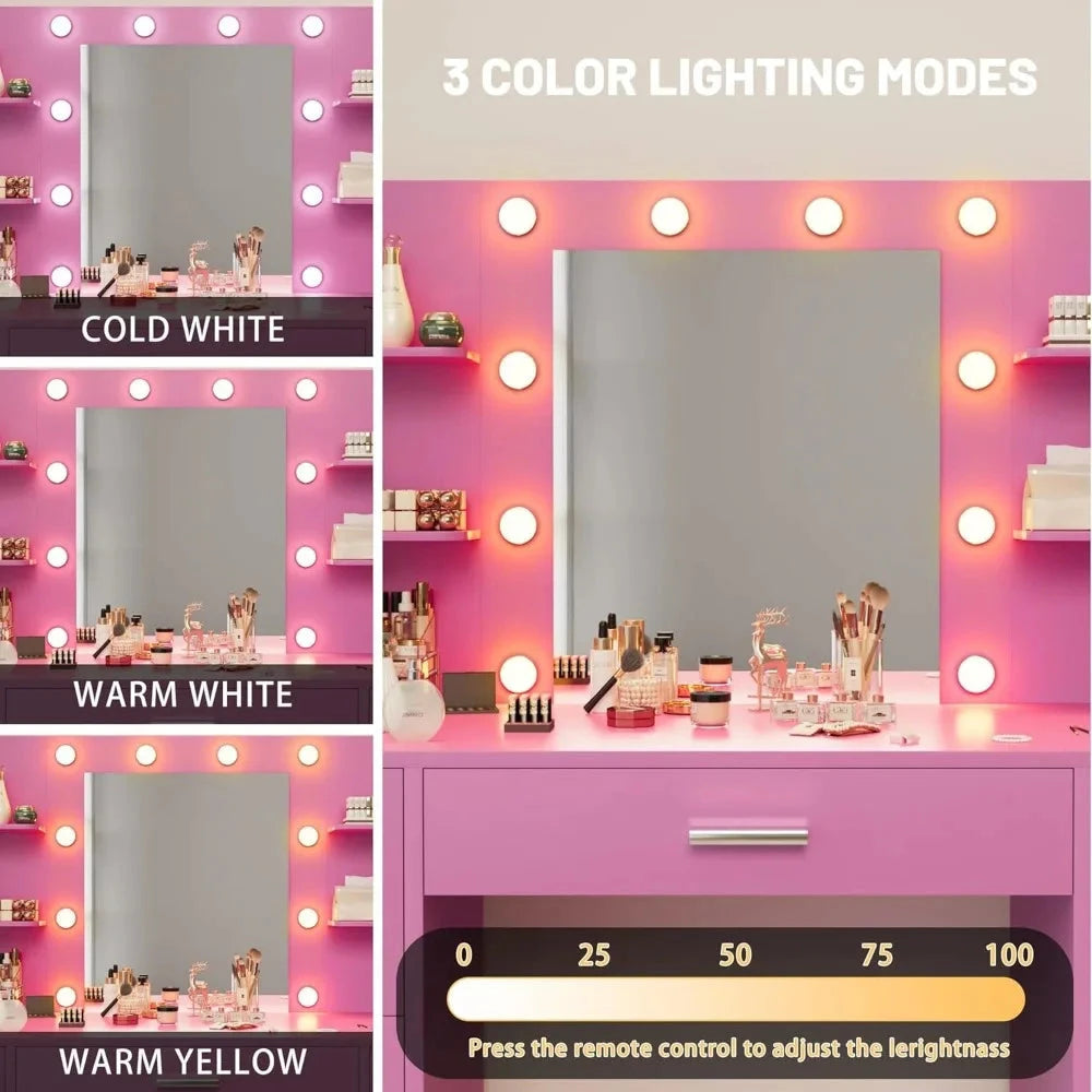 Vanity Desk with Mirror, LED Lights and Power Outlet Makeup Vanity Table with 7 Drawers and 6 Storage Shelves Dressing Table fo Good Vibrations