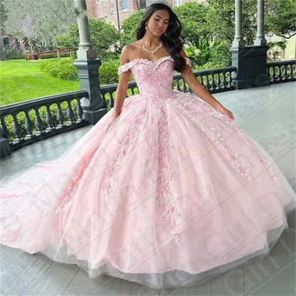 Ball Wedding Beauty Pageant Pink Off-Shoulder Dance Party For  Party Lace Tulle Court Train Formal Birthday Princess Gowns Good Vibrations
