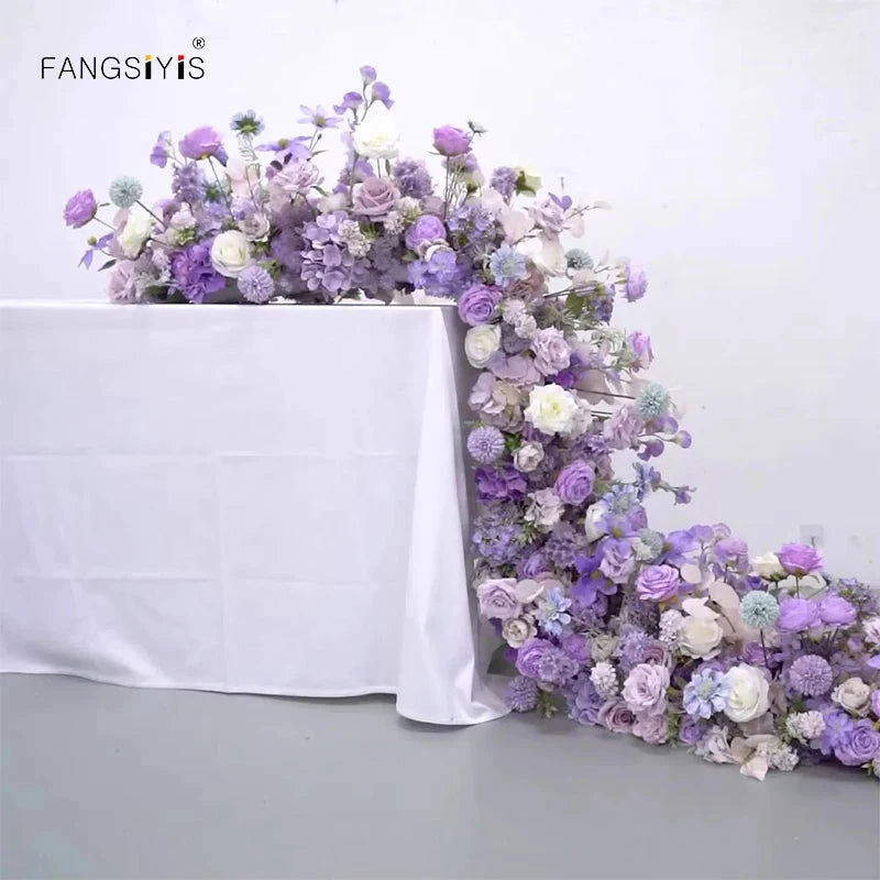 Purple Flower Arrangement Wedding Table Decor Floral Runner Artificial Flowers Row Event Party Backdrop Prop Window Display prop Good Vibrations
