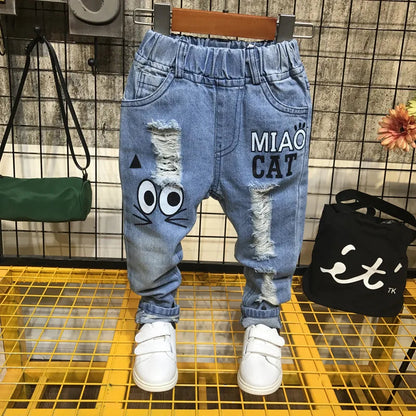 Boys Jeans Fashion Hole New Children Straight Cylinder Casual Jeans Spring Autumn Korean Style Elastic Waist Kids 3-8Ys Trousers Good Vibrations
