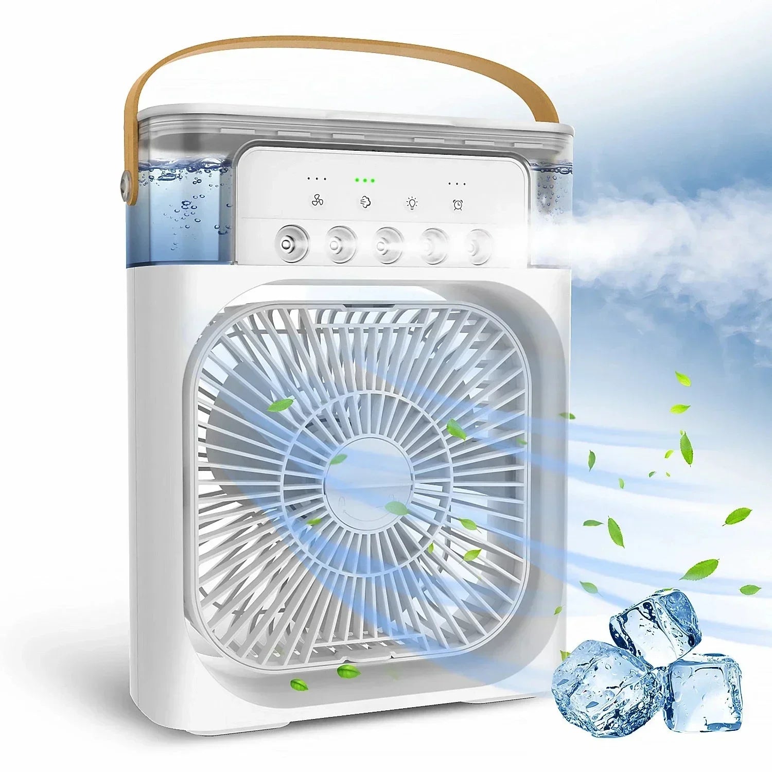 White portable humidifier fan with USB power, water mist and ice cooling features, compact design with control buttons and a handle for easy carrying.