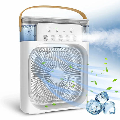 White portable humidifier fan with USB power, water mist and ice cooling features, compact design with control buttons and a handle for easy carrying.