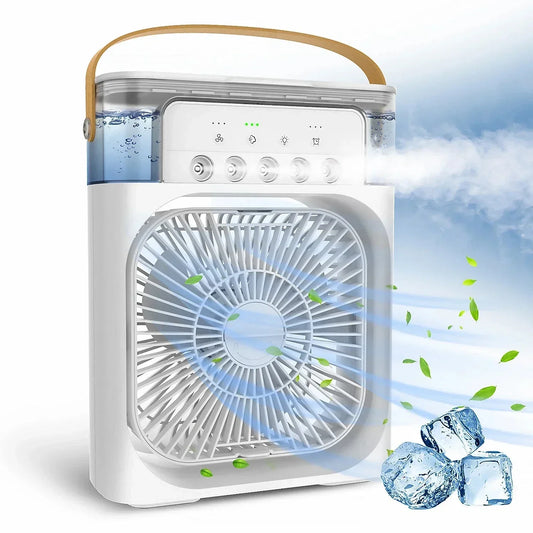 White portable humidifier fan with USB power, water mist and ice cooling features, compact design with control buttons and a handle for easy carrying.