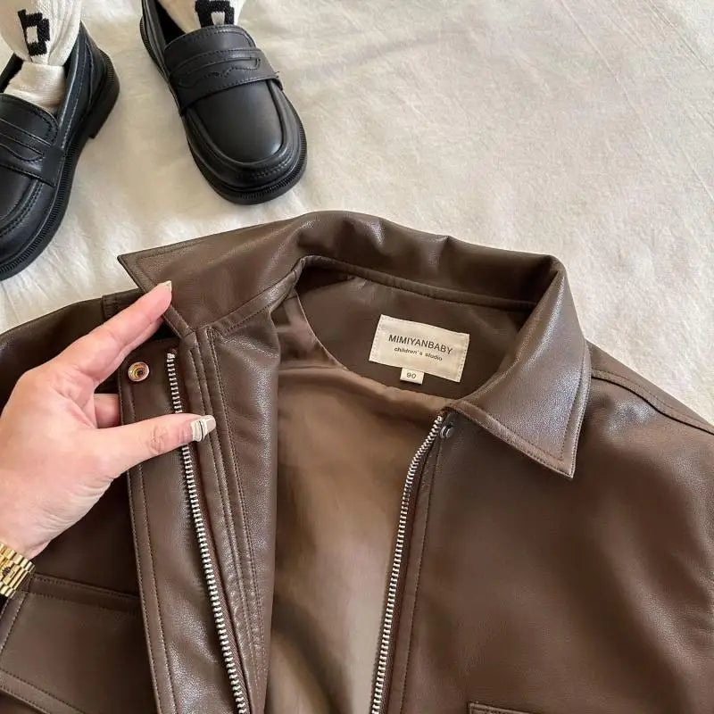 2-10Y Baby Boys Girls Zipper Jackets Brown PU Leather Lapel Collar Coats Korean Style Autumn Single Breasted Toddler Cardigans Good Vibrations