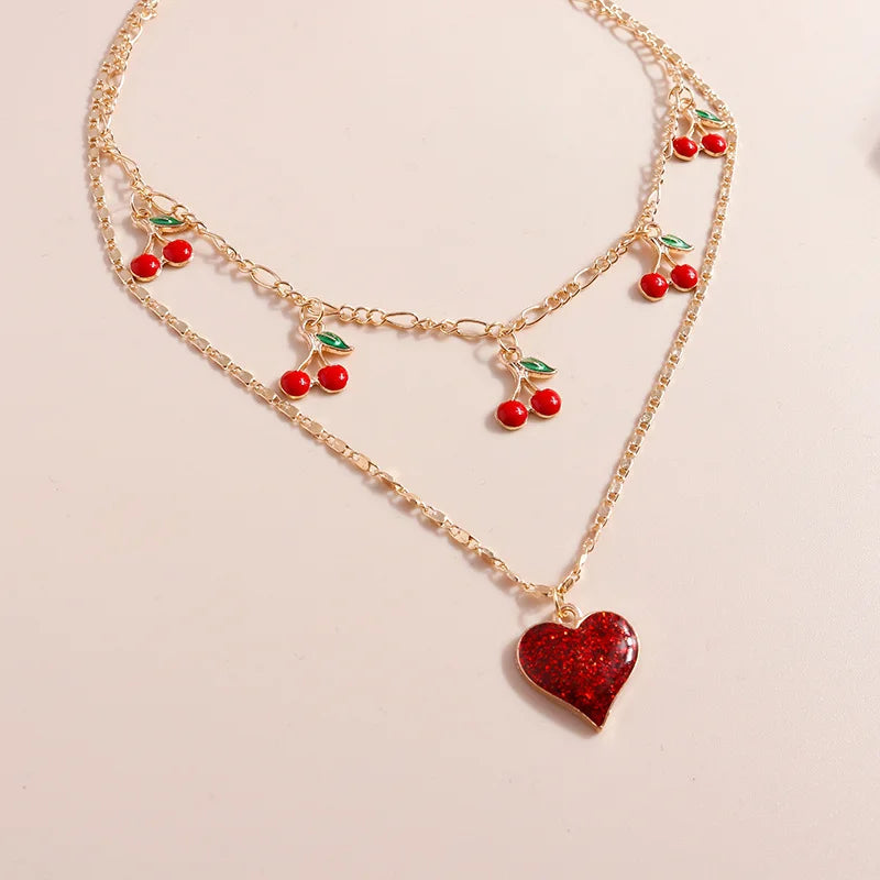 Aihua Boho Gold Color Red Heart Cherry Necklace Romantic Sweet Simple Clavicle Necklaces for Women Collar Fashion Jewelry Gifts Good Vibrations