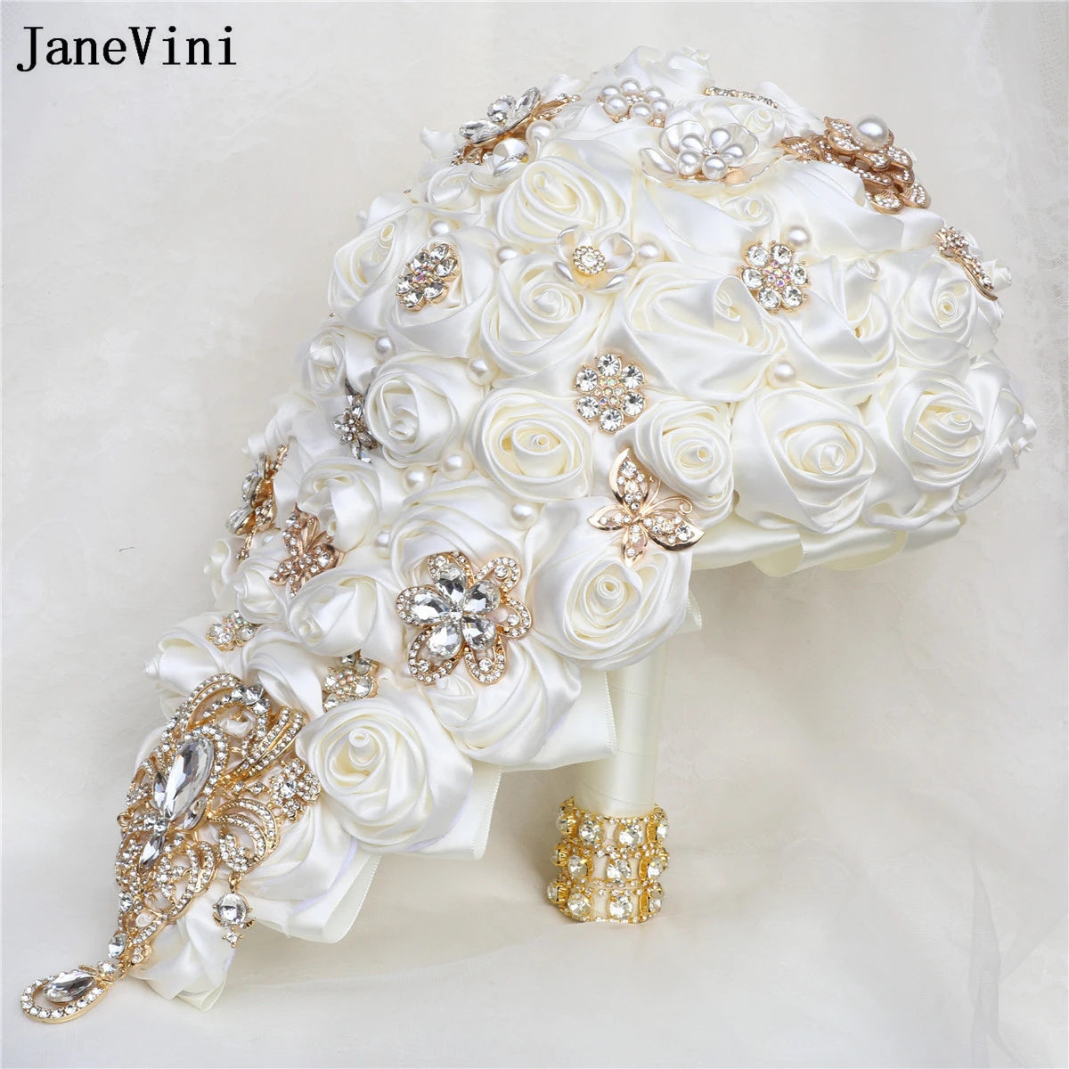 JaneVini Elegant Korean Light Blue Cascading Flowers Crystal Waterfall Bridal Bouquets Pearl Ribbon Roses Wedding Brooch Bouquet Good Vibrations