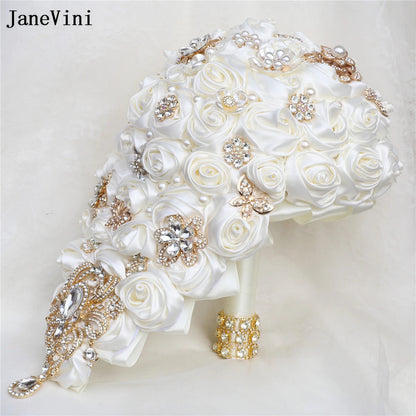 JaneVini Elegant Korean Light Blue Cascading Flowers Crystal Waterfall Bridal Bouquets Pearl Ribbon Roses Wedding Brooch Bouquet Good Vibrations