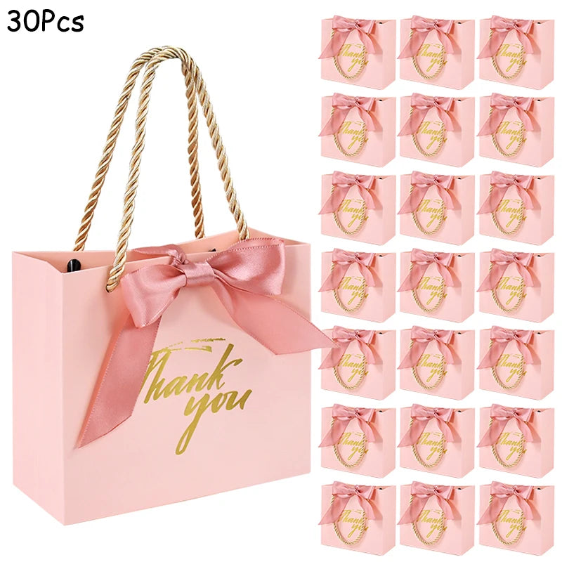 20/30/50pcs Thank You Gift Bags Reusable Paper Party Bags with Handles Gold Bow Ribbon Mini Pink Party Favor Bags for Birthday Good Vibrations