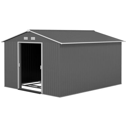 11' x 9' Metal Storage Shed Garden Tool House with Double Sliding Doors, 4 Air Vents for Backyard, Patio, Gray Good Vibrations