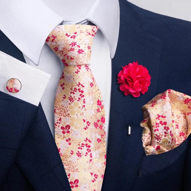 Luxury Mens Ties Floral Black Gold Ties Paisley NeckTie Pocket Square Cufflinks Brooch Set Men's Wedding Party Tie Good Vibrations