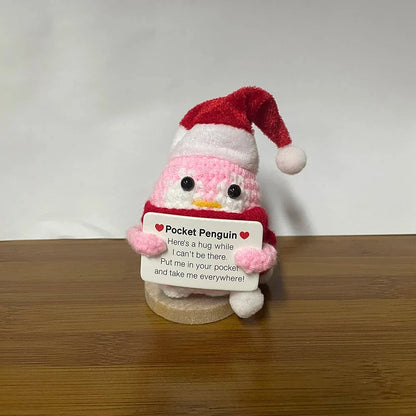 Crochet Energy Penguin Hug Pocket Mini Hand-woven Plush Wool Knitting Doll with Card Funny Christams Gift Home Room Decoration Good Vibrations