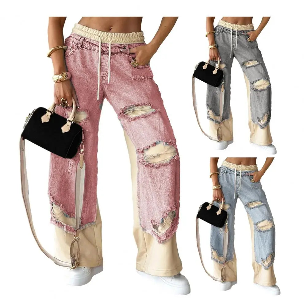 Summer Women's Large Hole Patchwork Jeans High Waist Wide Legs Trousers Cool Girl Casual Bottoms Female Denim Pants Good Vibrations