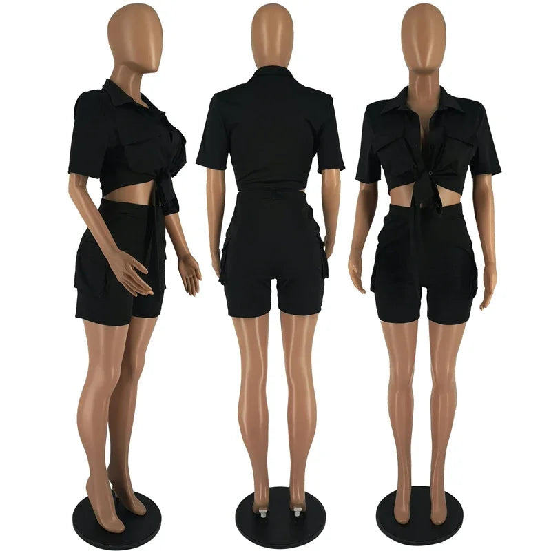 Streetwear Two Piece Set for Women Summer Outfits Pockets Short Sleeve Button-Up Shirt Top Short Sets Party Club Matching Sets Good Vibrations