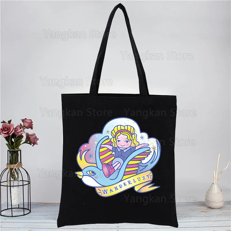 Kawaii Polly Pocket Shopping Bag Women Canvas Tote Bags Printing Eco Bag Cartoon Shopper Shoulder Bags Black Good Vibrations