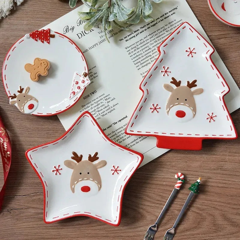 Christmas Hand-painted Ceramic Tableware Set Cute Christmas Steak Plate Embossed Underglaze Color Flat Plate Good Vibrations