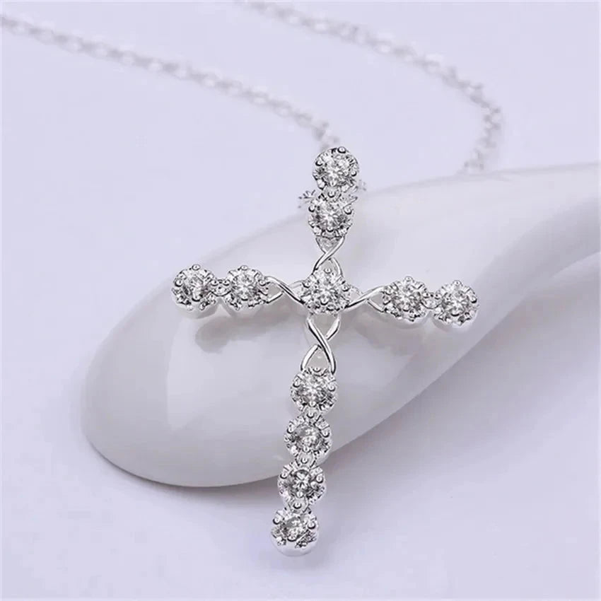 45cm 925 sterling silver Crystal Necklace wedding charms women lady noble Fashion Jewelry Classic Cross nice gift Good Vibrations