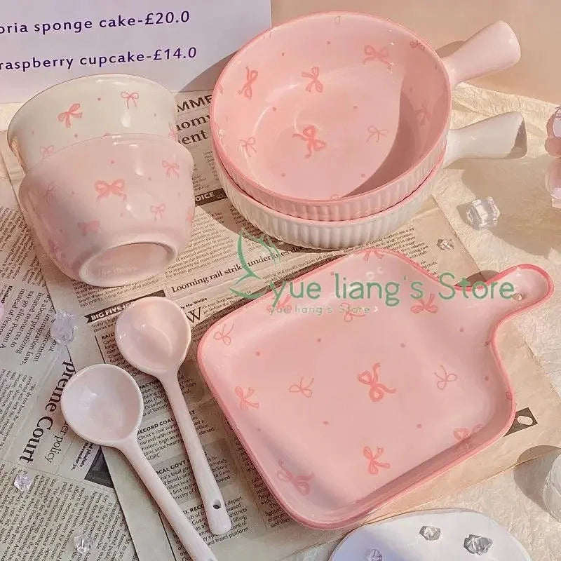 Pink Bow Ceramic Cutlery Set, Dessert Home Tableware Ceramic Handle Bowl Yogurt Cup High Value Breakfast Plate Drinkware Good Vibrations