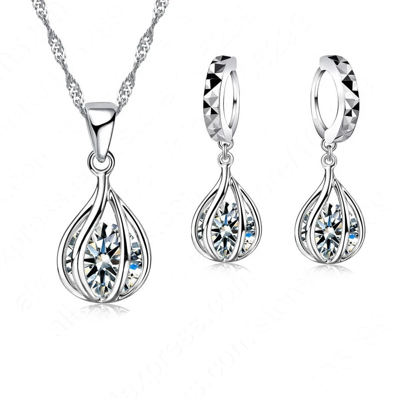 Fashion Popular Jewelry Set For Women Shiny Crystal Stone 925 Sterling Silver Pendant Necklace Hoop Earring Party Gift Good Vibrations Adult Super Store