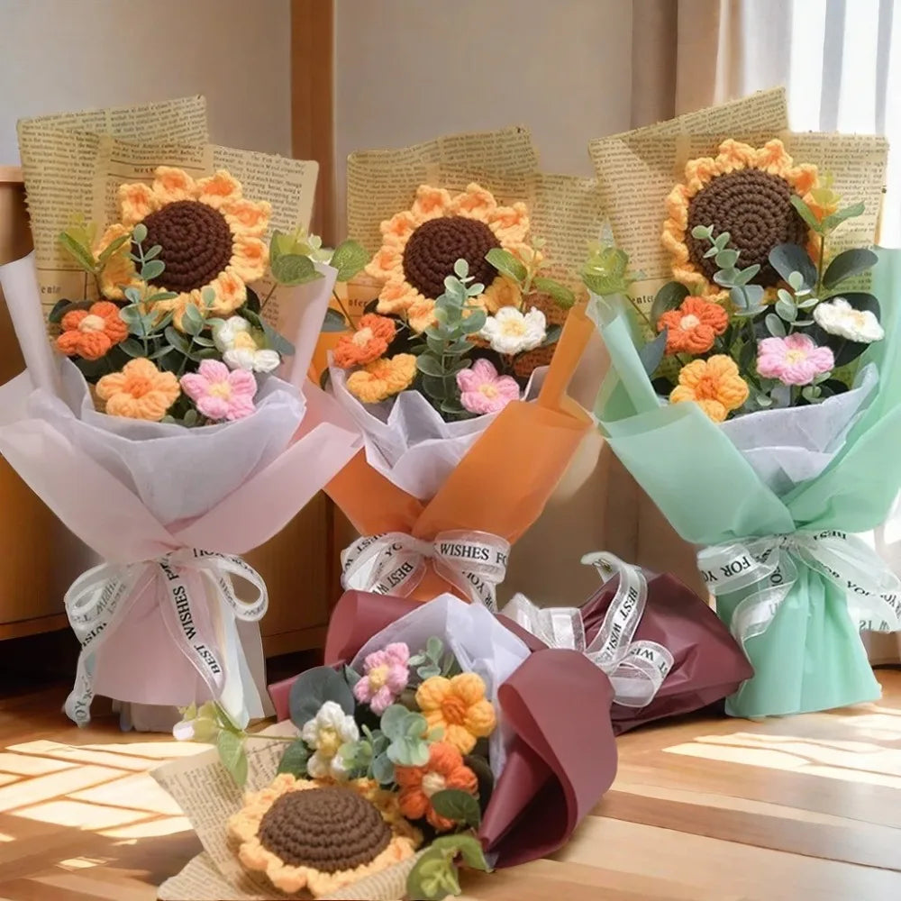 Artificial Flower Crochet Bouquet Handmade Eternal Flower Sunflower Daisy Bouquet Anniversary Mothers Day Birthday Gift Good Vibrations