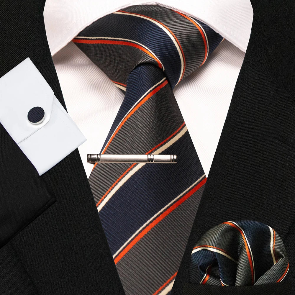 8cm Silk Mens Ties Green Black Ties plaid stripe NeckTie Pocket Square Cufflinks Tie clips Set Men's Wedding business Party Tie Good Vibrations