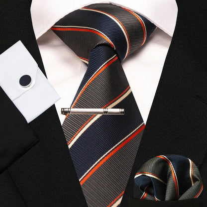 8cm Silk Mens Ties Green Black Ties plaid stripe NeckTie Pocket Square Cufflinks Tie clips Set Men's Wedding business Party Tie Good Vibrations