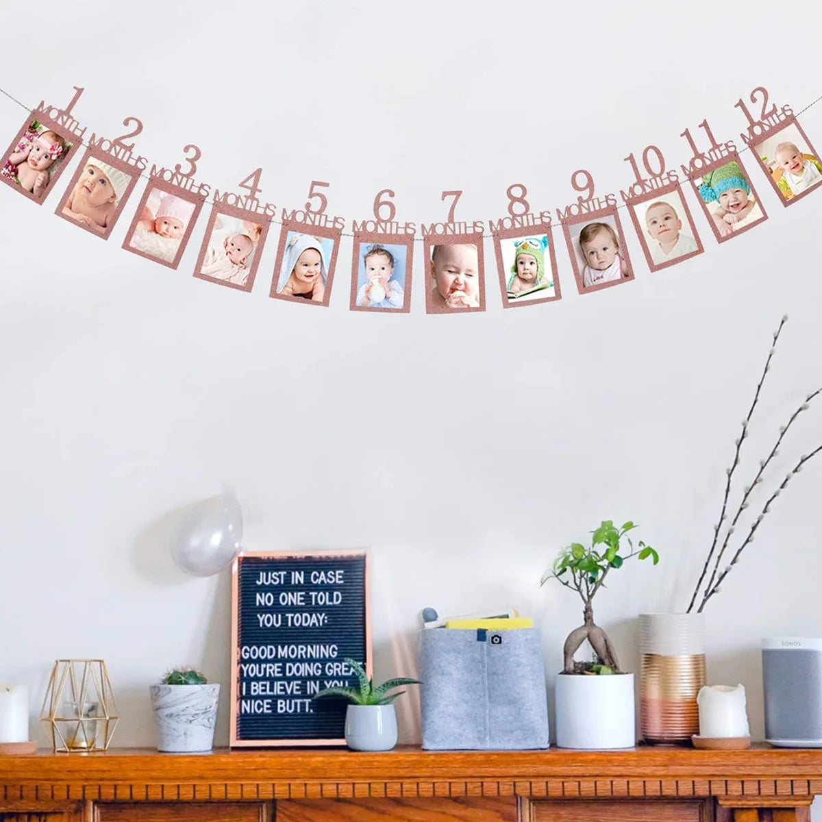 1st Birthday Photo Banner for Baby from Newborn to 12 Months First Birthday Decorations Boy or Girl Monthly Milestones Garland Good Vibrations