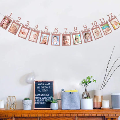 1st Birthday Photo Banner for Baby from Newborn to 12 Months First Birthday Decorations Boy or Girl Monthly Milestones Garland Good Vibrations