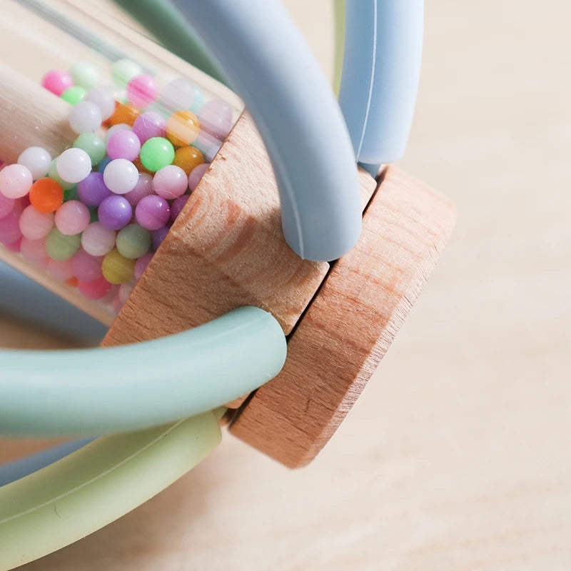 Baby Rattle Toy Wooden Rain Drum With Silicone Baby Sensory Touch Toy Newborn Dental Care Gum Anti-eating Hand Molar Stick Gif Good Vibrations