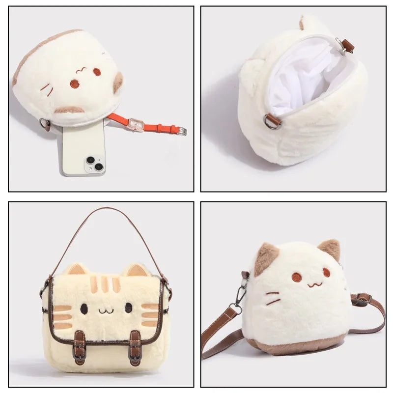 Cute Plush Cat Handbag Cute Stuffed Animal Handmade Backpack Large Capacity Shoulder Bag Good Vibrations