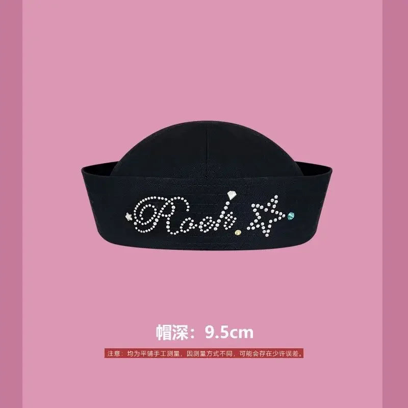 Y2K Striped Bow Flower Rhinestone Sailor JK Beret Navy Hats for Women Summer Niche Flipped Nurse Cosplay Beret Cap Sombreros Good Vibrations