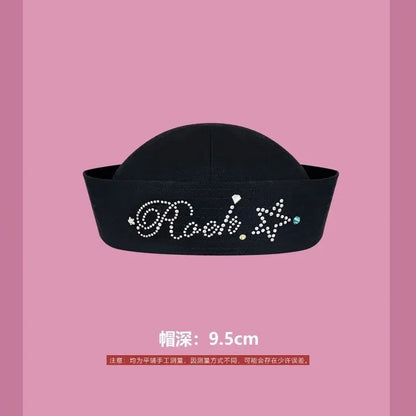 Y2K Striped Bow Flower Rhinestone Sailor JK Beret Navy Hats for Women Summer Niche Flipped Nurse Cosplay Beret Cap Sombreros Good Vibrations
