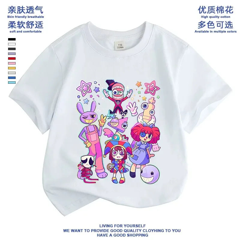 2026 Pure cotton boys and girls' short-sleeved T-shirt summer children's clothing cartoon magic digital circus children's top Good Vibrations