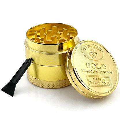 Gold zinc alloy herb grinder, 40mm, tobacco crusher with scraper, 3/4 parts, cigarette accessory.