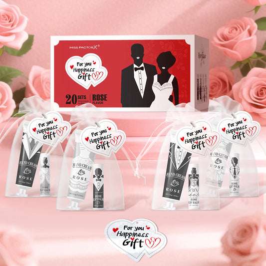 20 sets of wedding dress and suit theme gifts include hand cream, lipstick, white drawstring bag and wedding love greeting card