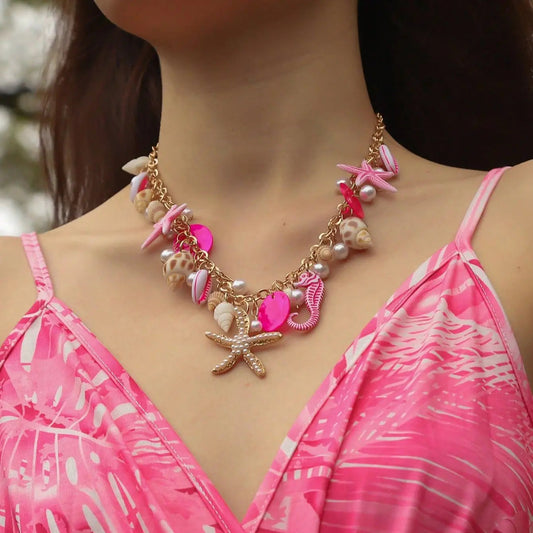 1 Vacation Style Ocean Series Shell Starfish   ImitationPearl Necklace Women's Vacation Leisure Party Exaggerated Shell Necklac Good Vibrations