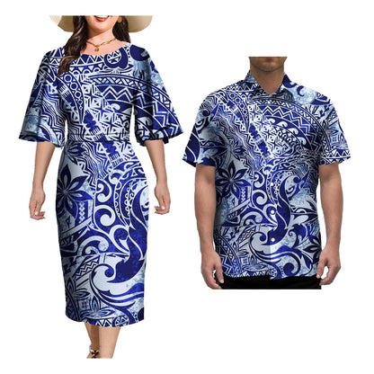 Couple Outfit Sets Elegant Dresses Women Sexy Skirt Samoa Tattoo Printed Polynesian Casual Dress Matching Men Shirts Good Vibrations