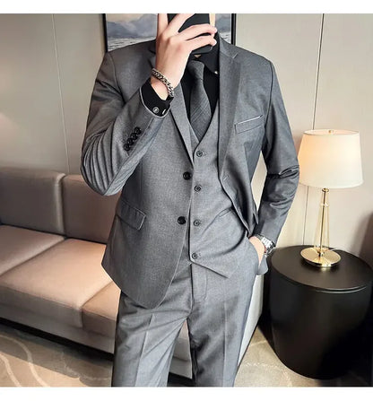 Suit (suit +Vest+Pants) Formal Business Men Four Seasons Professional Fashion Gentleman Solid Color Outdoor British Style Suit