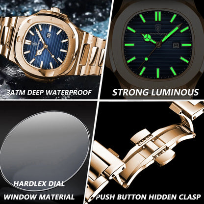 POEDAGAR Top Classic Men Wristwatch Waterproof Luminous Date Square Watch For Man Stainless Steel Sport Men's Quartz Watches+Box Good Vibrations